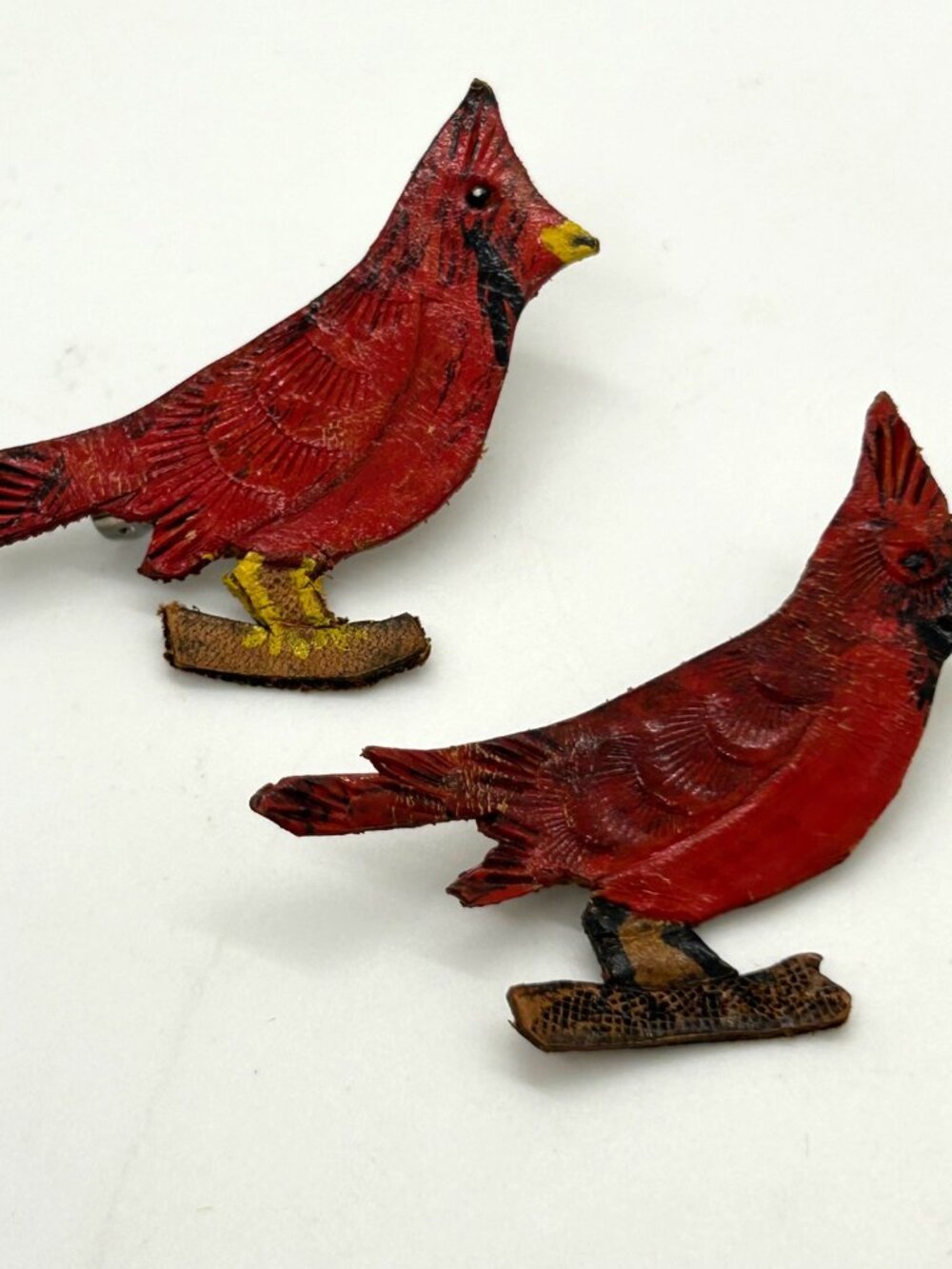 Vintage Cardinal Brooch Handcrafted Leather Birds Hand Painted